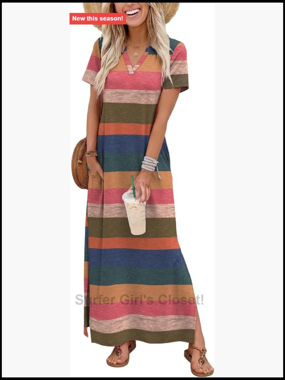 Women's Maxi Dress V-Neck Short Sleeve Sundress with Pockets